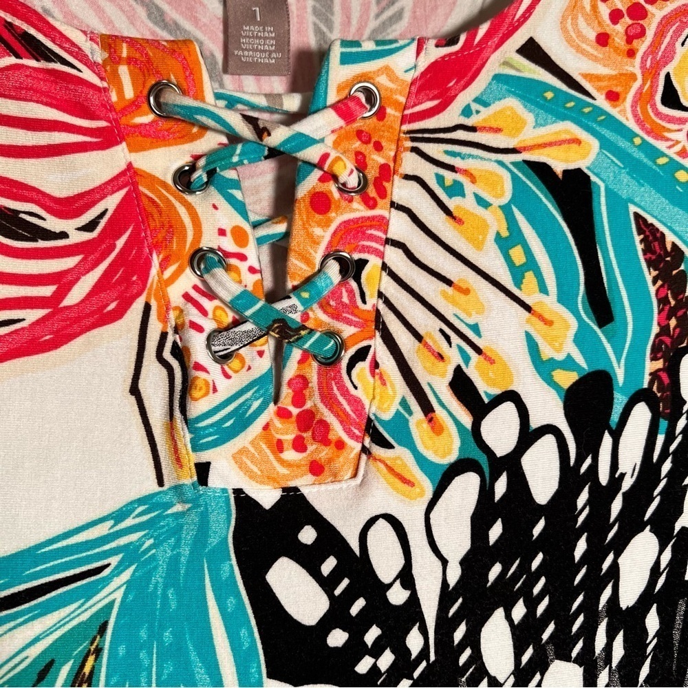 Chico's Floral Tropical Sleeveless Shift Dress Lace Up - Picture 4 of 7